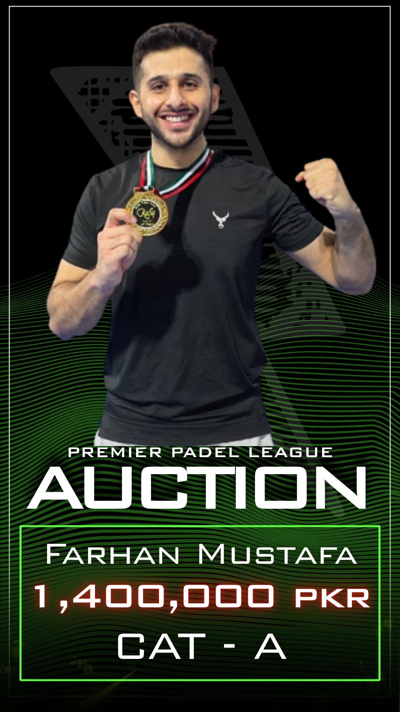Premier Padel League auction card for Farhan Mustafa