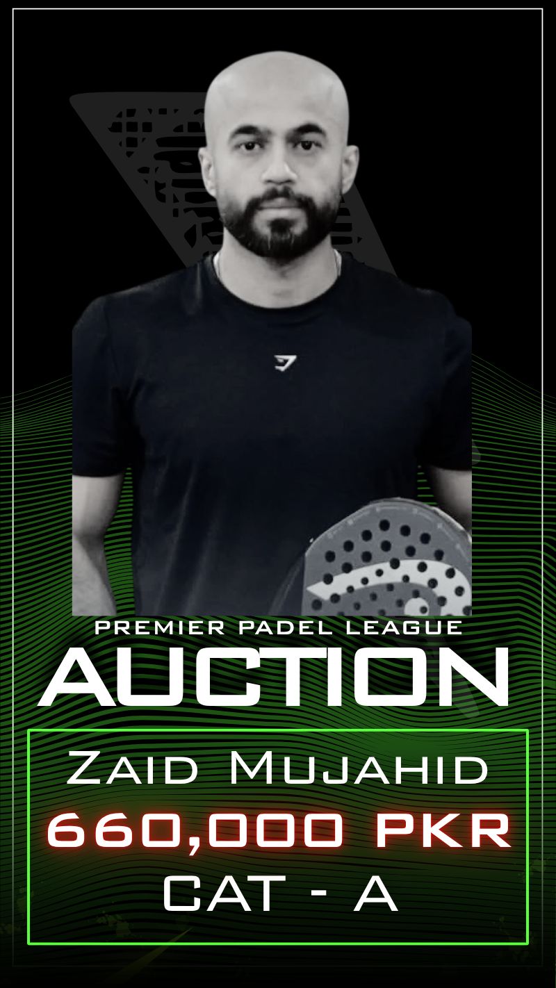 Premier Padel League auction card for Zaid Mujahid