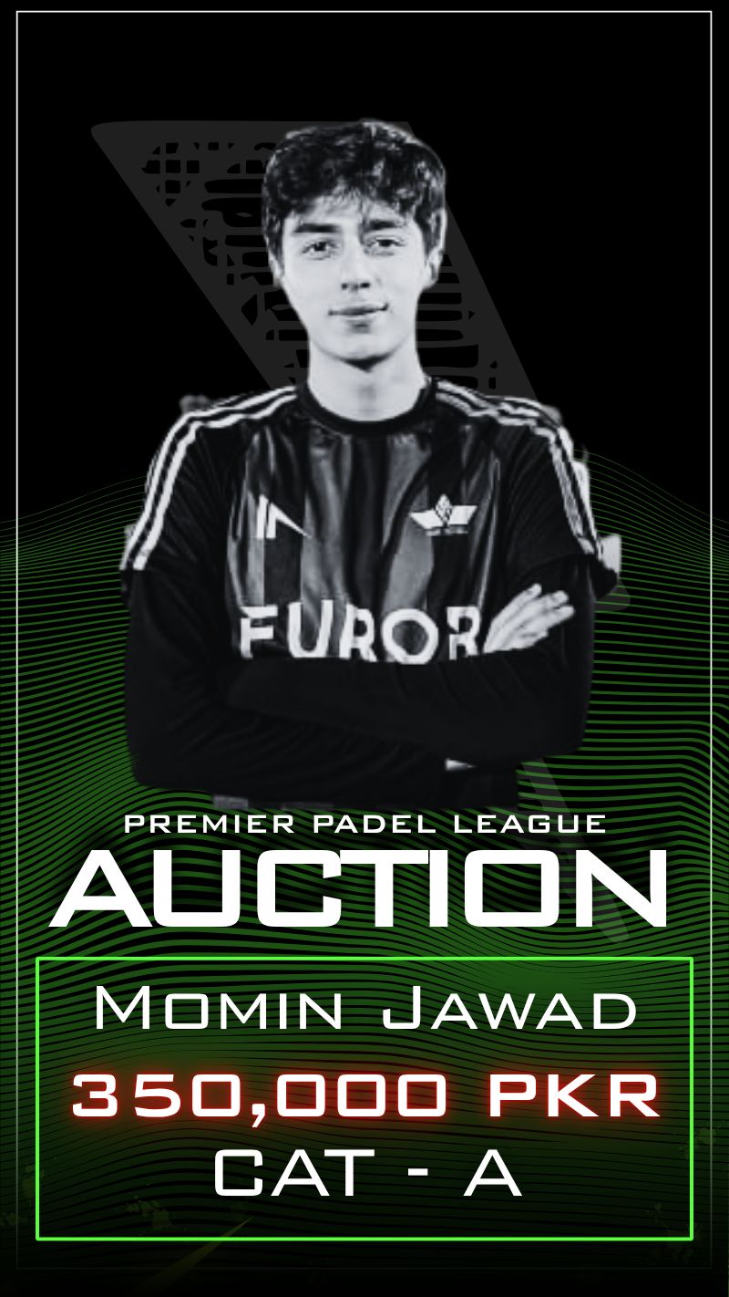 Premier Padel League auction card for Momin Jawad